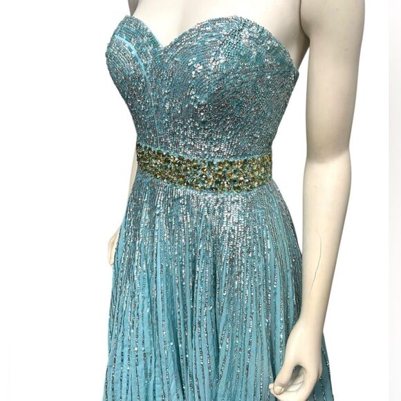 Sherri Hill 100% Silk Light Blue Gown with Sequins Strapless Prom Dress Size 8 - Picture 5 of 15